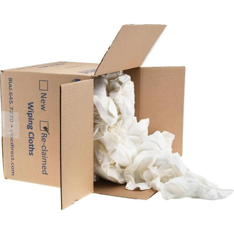 Box of reclaimed white cotton T-shirt rags for shop use prewashed and sanitized low lint soft and absorbent rag cloths for cleaning