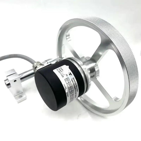 Close-up of Precision 500Mm Wheel Distance Tracker Featuring Slick Rotary Encoder Design, showcasing its aluminum structure and design.