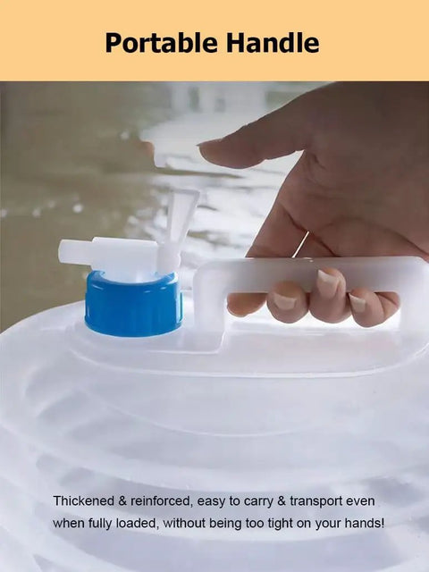 Hand holding handle of Foldable Water Storage Carrier Jug 3 To 15 Liter Collapsible Canister For Camping and Travel BPA Free