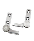 Two stainless steel torque-damping hinges with rotating shafts and mounting holes.