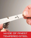 Close-up of Tempered Steel Metric Thickness Gage With Tapered Leaves And Locking Device, Rugged Steel Case, 0.03-0.50mm Range, 13 Leaves