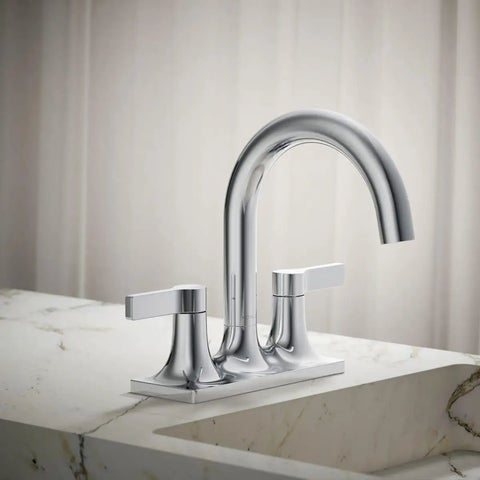 Venza Centerset Bathroom Faucet With Two Lever Handles, 3 Hole Sink Faucet, 5.5 Inch Spout Reach, Polished Chrome Finish, 0.5 GPM Water Saver At 60 PSI