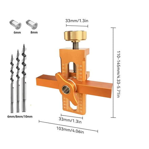 No Sweat Heavy Duty Adjustable Cabinet Door Installation Positioner With Drill Ready Aluminum Build For Slick Hinge Mounting And Quick DIY Kitchen Upgrade Setup with measurements and drill bits.