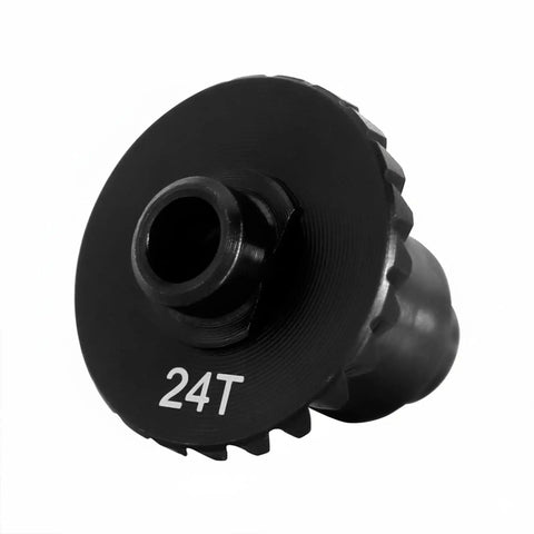 Close-up of 24T gear from Beefy Steel Helical Gear Set For One Eighteen Traxxas TRX4M RC Crawler Front Overdrive 22T And 12T Rear Underdrive 24T And 10T CNC Machined 20CrMo Alloy For Sturdy Front And Rear Axle Upgrades