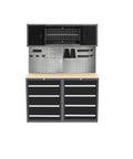 Badass Heavy Duty Garage Workbench Cabinet System With Lockable Drawers Solid Wood Tabletop Wall Storage Panels And Multi Hook Rack, front view.