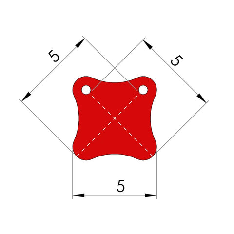 Diagram of red AR500 Steel Target 3 Eighths Inch Plate For Handgun And Rifle 9mm 223 308, showing 5x5 measurements.