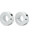 Solid Aluminum Shaft Collars 5 Pack Slit Open Style Ring Lock Sleeves Keeps Your Machinery Running Smooth No Sweat Heavy Duty Industrial Fixtures Perfect For Spacers Or Mechanical Stops Anodized Surface Built To Last As Heck For Any Job You Got., two split aluminum shaft collars shown front view