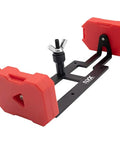 Metal Spare Tire Rack With ABS Fuel Tank Simulation For One Tenth RC Crawler Red Finish Fits Axial SCX10 II 90046 And Traxxas TRX4 Easy Install Realistic RC Crawler Upgrade Boss, side view showcasing red finish and mounting brackets