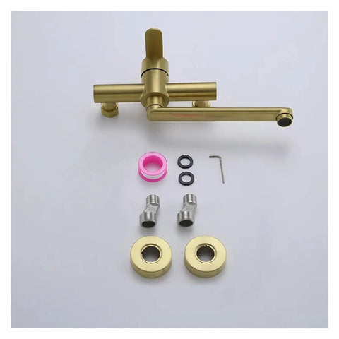 ntumLeap Brushed Nickel Wall Mounted Kitchen Faucet 180° Rotating Hot & Cold Water Mixer parts, including fittings and gaskets.