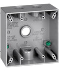 Weatherproof 2 Gang Electrical Box With Four Half Inch Knockouts 31 Cu In Capacity Die Cast Metal Housing For Receptacle Or Switch Wiring Includes Ground Screw Closure Plugs Mounting Lugs Gray