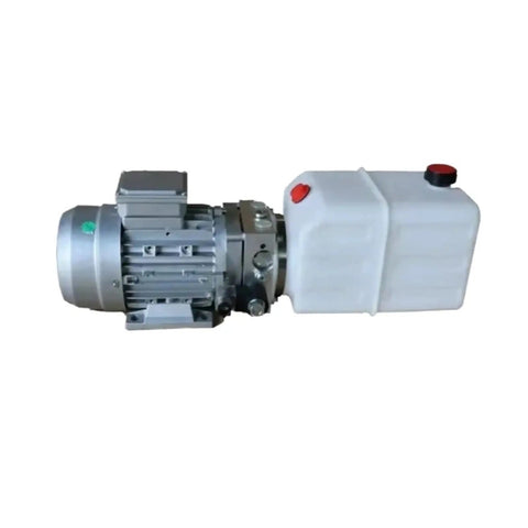 Heavy Duty Hydraulic Pump And Power Workhorse With 220V Plug And Play Design Featuring Dual Acting Piston Cylinders Rated At 3000 Psi, side view of pump and reservoir.