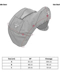 Diagram of ProKit Ride On Dressage Saddle Cover With Silicone Grip Seat, Waterproof 3000mm Outer, Plush Fleece Lining, Size Chart