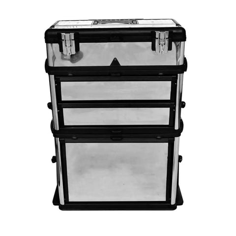 Rolling Three Part Toolbox Kit With Easy Grip Handle, Mobile Organizer On Wheels For Tools, Hardware, And Crafts; front view with drawers
