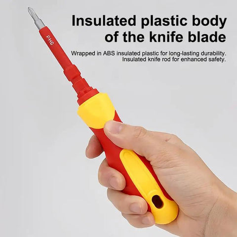 Heavy Duty 1000V Insulated Electrician Tool Set showcasing a red and yellow insulated screwdriver handle with knife blade.