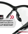 Hella Comfortable Bifocal Safety Glasses With 2.5 Magnification For Men And Women, Kickass Anti Scratch Hard Coat Lenses, High Impact Ansi Z87 Plus Snug Flex Frames, Sweet Deal Pack Of Twelve showing slip-resistant nose piece and soft-touch temples.