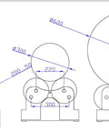 Technical drawing of Heavy Duty Rotary Welding Positioner Tank Turner With 2200 Lb Load Capacity showing dimensions for pipe holders.