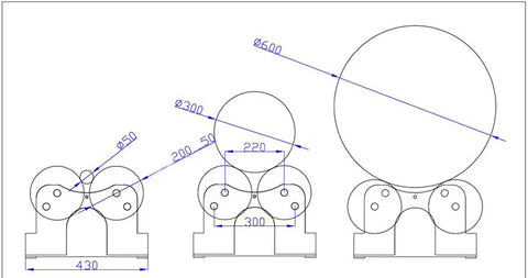Technical drawing of Heavy Duty Rotary Welding Positioner Tank Turner With 2200 Lb Load Capacity showing dimensions for pipe holders.