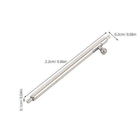 Close-up of stainless steel quick release spring bar from Watch Band Pin Replacement Kit with measurements displayed.