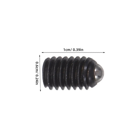 Close-up of Rock Solid M4x6 Stainless Steel Ball Point Spring Plunger Set Screw, 1cm in length, for precision hardware applications.