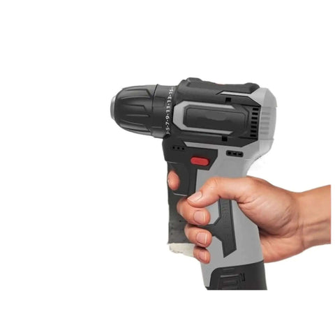 Hand holding Powerful Brushless Cordless Impact Drill With 16 Volt Battery And Metal Ratcheting Chuck for heavy lifting.