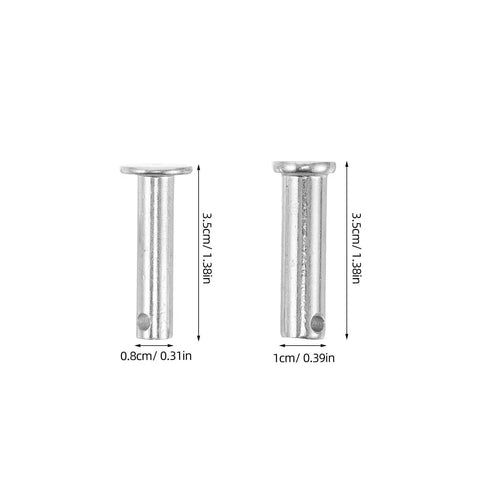 Pro Grade Steel Cotter And Clevis Pin Kit Three Pairs M10x35mm And M8x35mm Durable Rust Resistant Fasteners For Tools Trailers And Machinery With Easy Install And Secure Fit. Steel clevis pins shown with 3.5cm length and 0.8cm, 1cm diameter.
