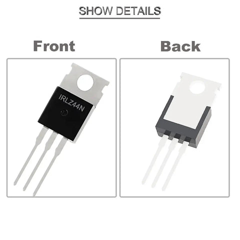 20 Pack IRLZ44N IRLZ44NPBF N-Channel MOSFET Transistors TO-220AB 55V 47A With Heatsinks And Hardware Includes Screws Washers For DIY Power Electronics Projects And Hobbies. front and back view of TO-220AB MOSFET transistor