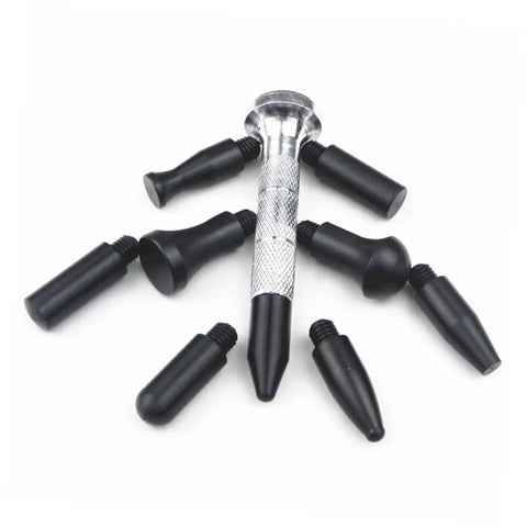 Auto Dent Repair Kit With Replaceable Heads, Pro Grade Dent Remover Tool Set showing silver tool and black replacement heads