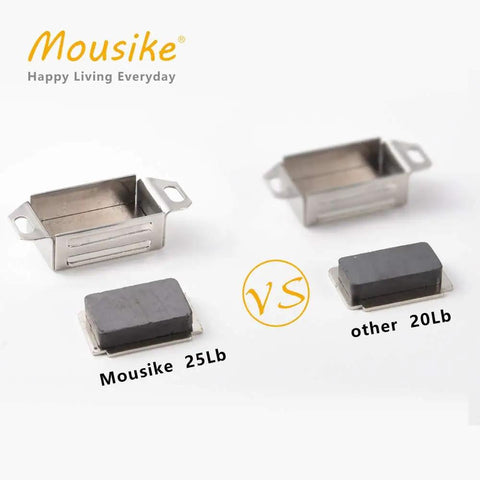 Two Mousike heavy-duty cabinet magnetic door catches, 25lb and 20lb, stainless steel latch showing size and material comparison.