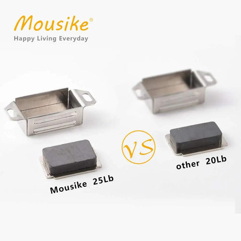 Comparison of Mousike 25Lb and other 20Lb cabinet magnetic door catches in stainless steel with labels and VS icon