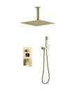 Slick Brushed Gold Ceiling Mounted Rain And Handheld Shower System Featuring Water Powered Digital Display And Smooth Single Lever Controls For A Top Tier Bathroom Upgrade