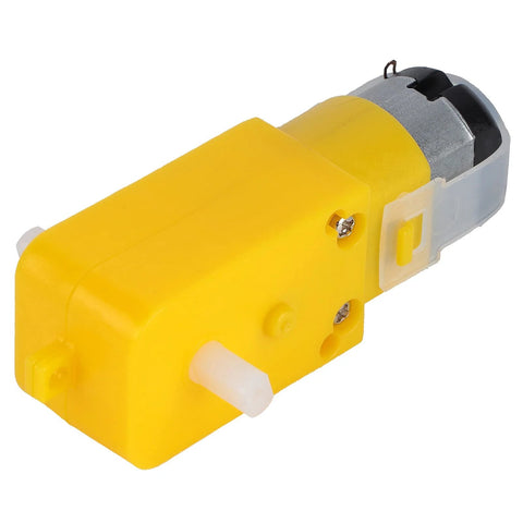 Gear motor with yellow housing and white output shaft for small robot cars.