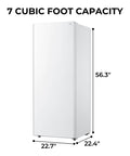 No Sweat Storage Upright Convertible Freezer Fridge With Seven Point Zero Cubic Feet Capacity In Clean White, side view, measurements shown.