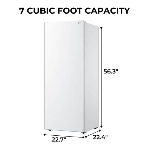 No Sweat Storage Upright Convertible Freezer Fridge With Seven Point Zero Cubic Feet Capacity In Clean White, side view, measurements shown.