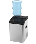 Bad Ass High Capacity Ice Maker Pumping 55 Kilos Of Round Cubes Daily For House Parties And Local Bars With Sick Heat Dissipation and Zero Hassle Plus Top Shelf Performance, silver body with water bottle.