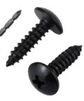 Seventy Five Pack Ten By Half Inch Truss Head Self Tapping Screws For Wood And Metal Crafted From Rust Proof Eighteen Eight Stainless Steel With Phillips Bits, two black screws with a bit.