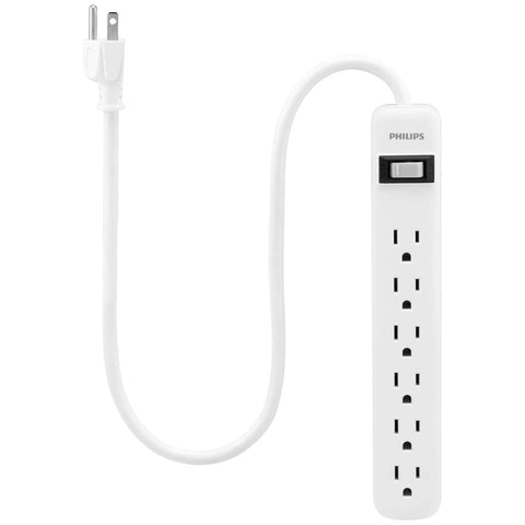 Six Outlet Surge Protector Power Strip With A 2 Ft Cord, 450 Joules Surge Protection, wall mount design, on off switch
