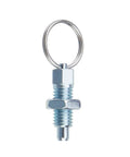 Front view of Beefy Heavy-Duty Stainless Steel Spring Plunger Pin M10-1.5-6 with pull ring for machinery and equipment.