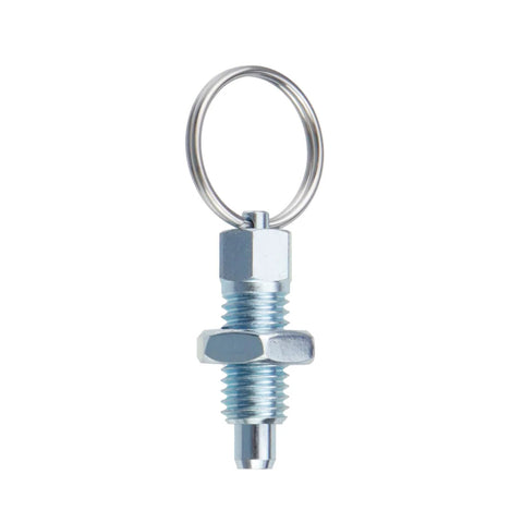 Front view of Beefy Heavy-Duty Stainless Steel Spring Plunger Pin M10-1.5-6 with pull ring for machinery and equipment.