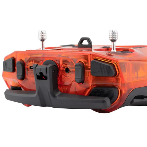 Back view of Pocket Portable Remote Controller With Hall Effect Gimbals And EdgeTX Support, orange finish, foldable antenna visible.