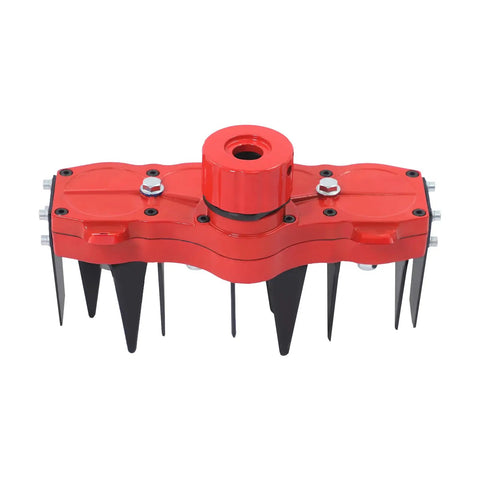 Four Tooth Rotary Cultivator Tool With Weeding Wheel Attachment And Manganese Steel Blades, red base view