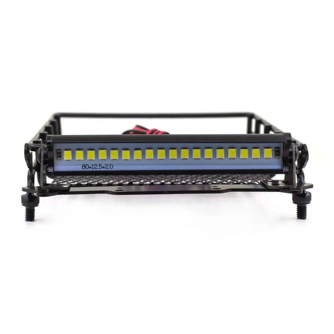 Premium 1/12 Scale Metal Luggage Carrier Roof Rack With Bright Light showing front view with LED lights for RC crawlers.