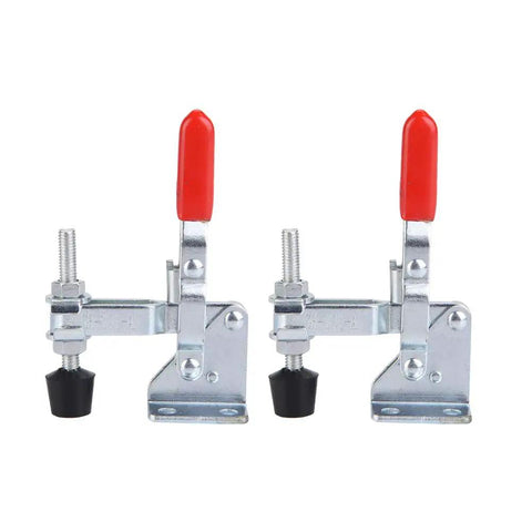 Two Pack Vertical Toggle Clamp Set With 50kg Holding Capacity, M5 Screw, 82mm Tall, Galvanized Iron Arrow Storage Case, Perfect For Woodworking, Welding, Drill Table Fixtures, red handles