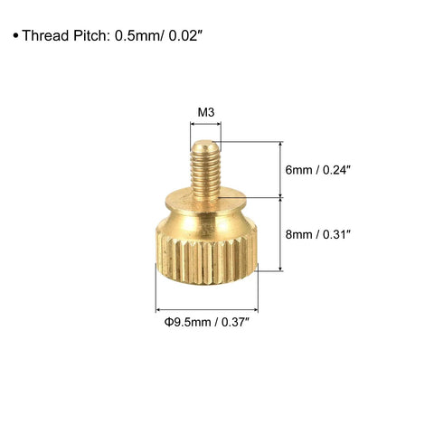 M3x6mm Brass Knurled Thumb Screws, detailed view showing dimensions and thread pitch for electronic fasteners.