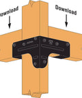 Diagram of Outdoor Accents ZMAX APRTC2 black rigid tie corner connector joining two 2x joists and one 2x4 post in outdoor frame.