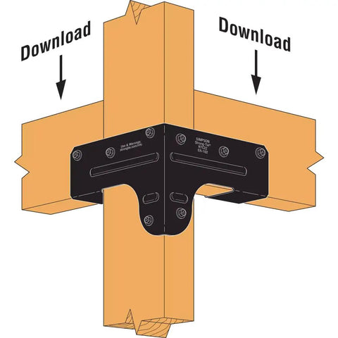 Diagram of Outdoor Accents ZMAX APRTC2 black rigid tie corner connector joining two 2x joists and one 2x4 post in outdoor frame.