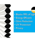 Image showing benefits of No Tools Easy Lift Cordless Cellular Blackout Shade White With Trim, highlighting energy efficiency and privacy.