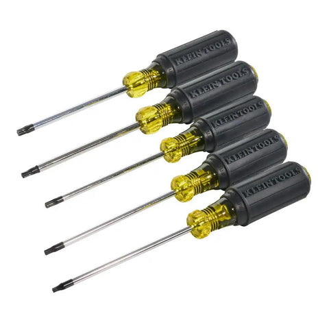 Five-piece TORX Cushion Grip Screwdriver Set, T15-T30, chrome shafts, black handles, color-coded for identification, USA made.