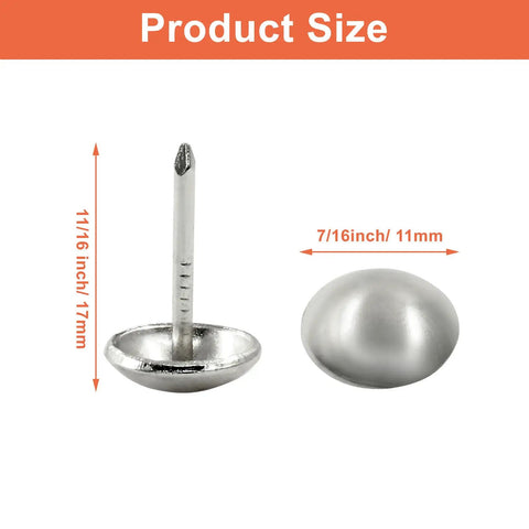 Premium Silver Upholstery Tacks 100 Piece Set 7/16 Inch Round Head showing dimensions and round head design for decorative use.