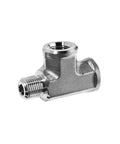 Heavy Duty Zinc Galvanized Steel Run Tee Pipe Fitting 1/4 Inch Npt Male Female Female Connections Hardcore Industrial Tubing Connector from side angle.