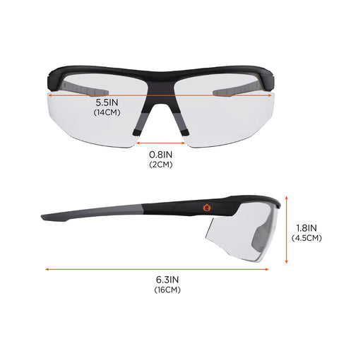 Skullerz Skoll Safety Glasses Matte Black Frame With Anti Fog Clear Lenses dimensions illustration front and side view